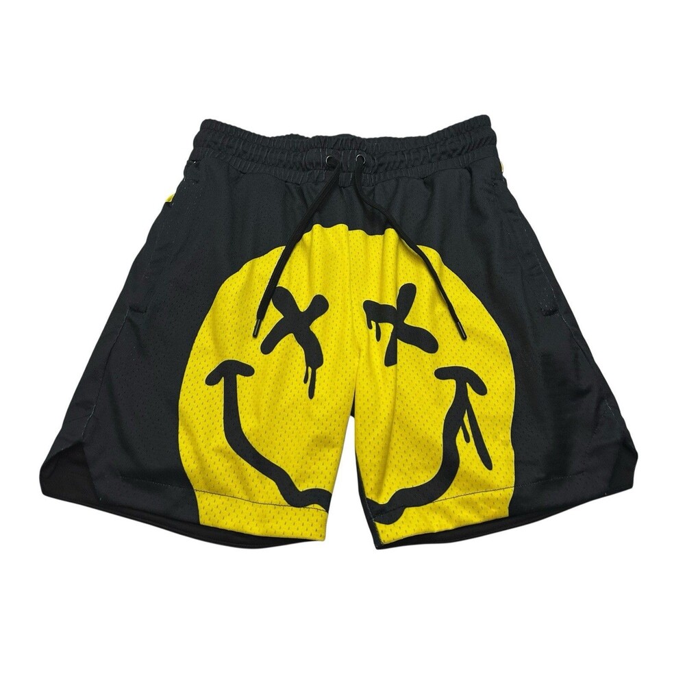 Men's Maison Article Big Smiley Face Mesh Shorts 6.5" Size Small Black Yellow